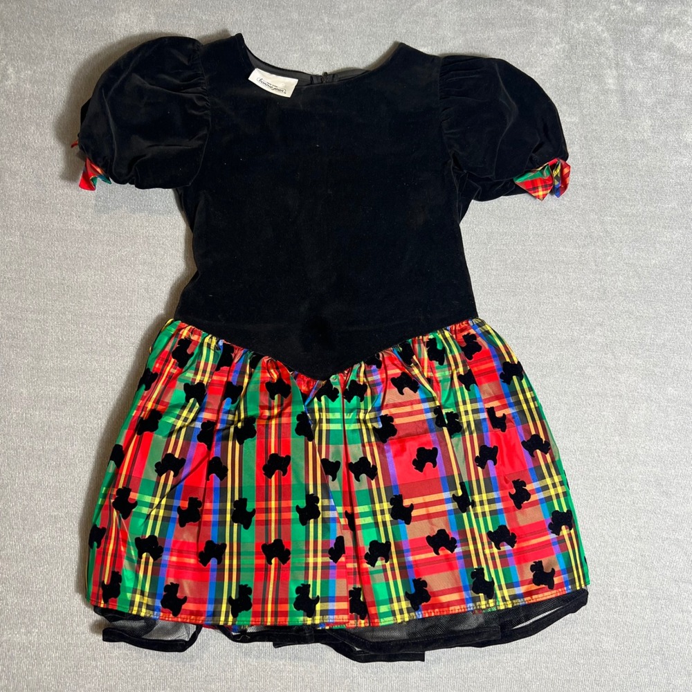 Bonnie Jean Girls Vintage Black Velvet Plaid Scottie Dog Holiday Dress 6 USA 90s